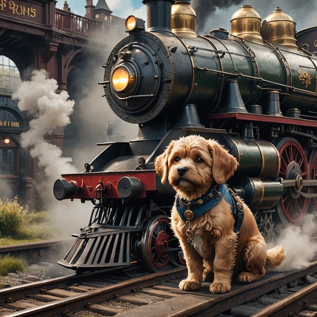 Cute Dog on Steam Train, Detailed Matte Painting