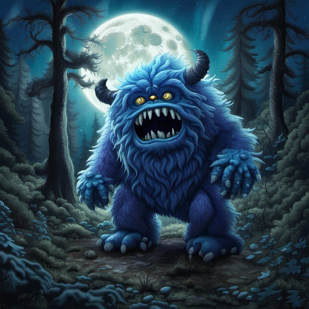 Blue Monster in Moonlit Forest, Fantasy Concept Art