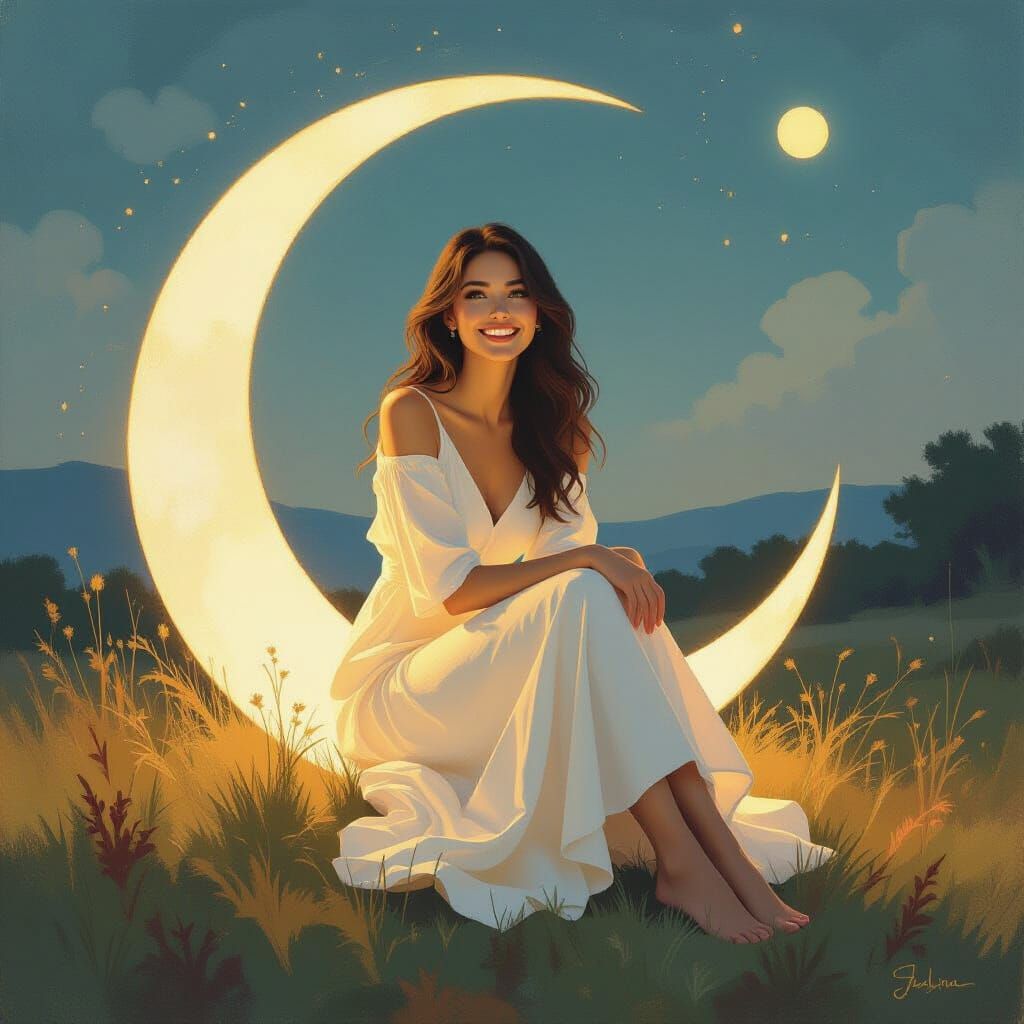 Woman in Moon, Oil Painting in Neo-Impressionist Style