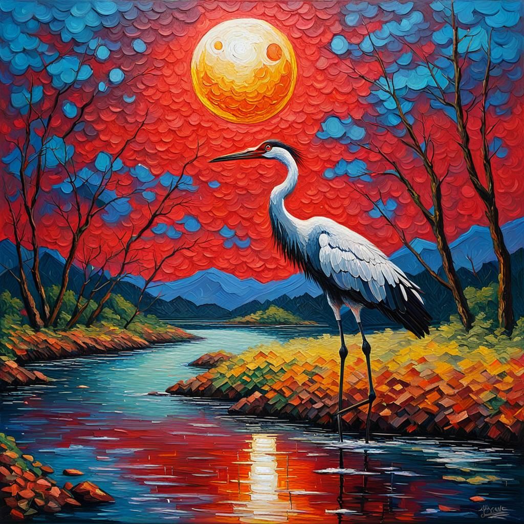Crane by River Under Red Moon: Expressionist Oil Painting