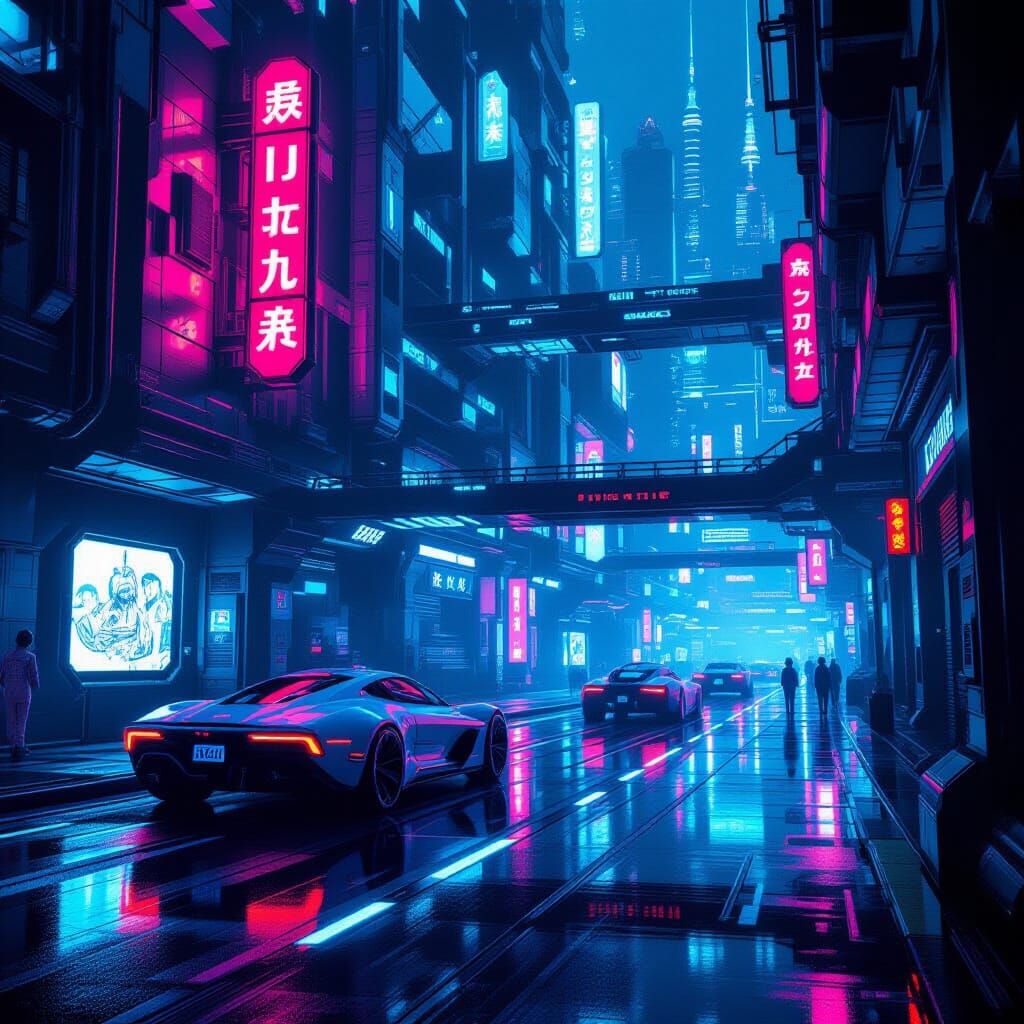 Futuristic Sci-Fi Cityscape in Neon and Metallic Style