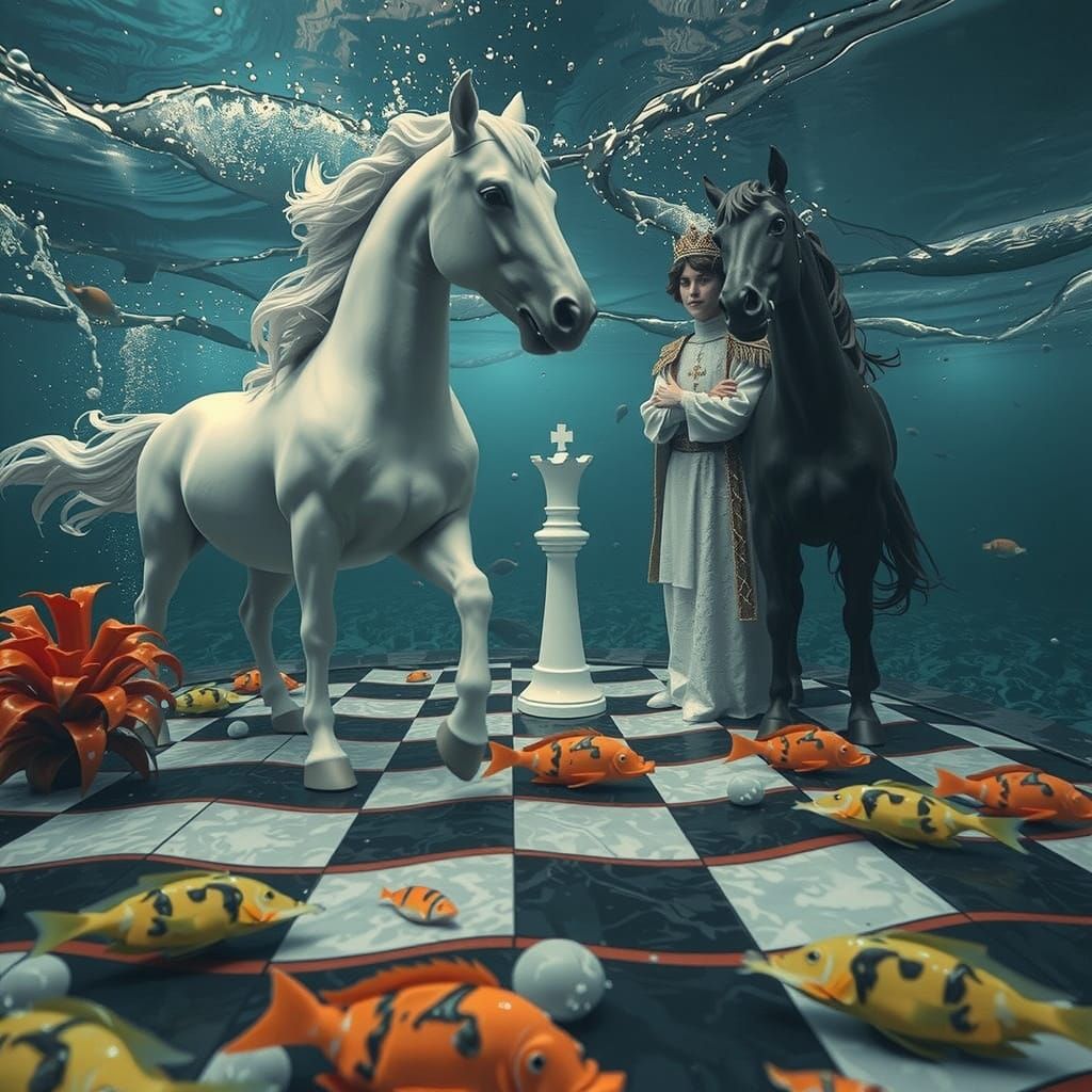 Underwater Chess Game with Horses and King in Watercolor Sty...