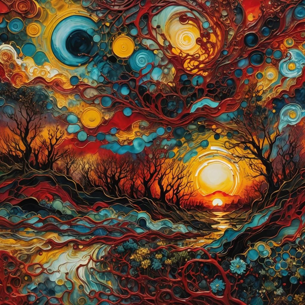 Chaotic Winter Sunset Landscape in Encaustic Style