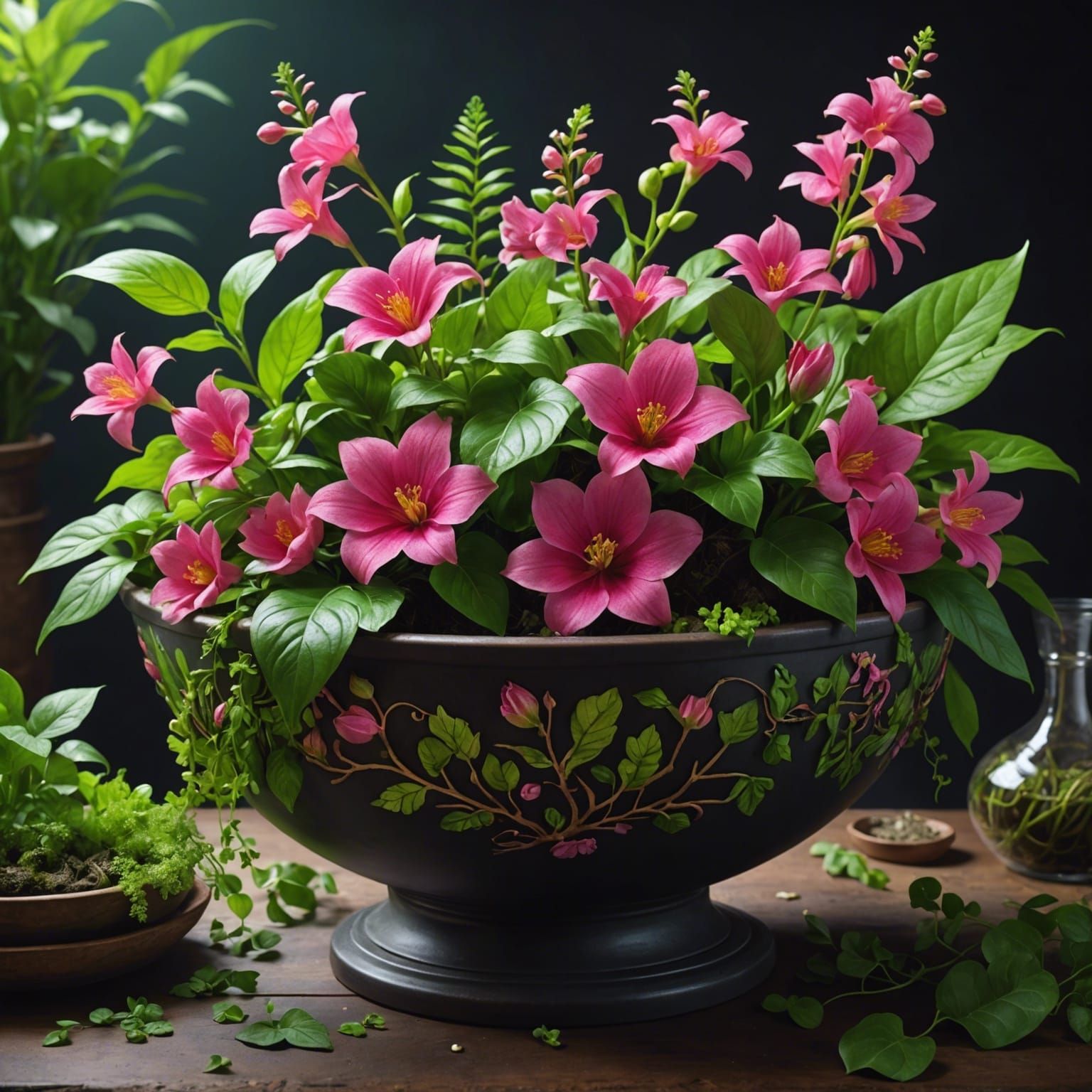 Bowl Overflowing with Vibrant Flowers, Ultra Realistic