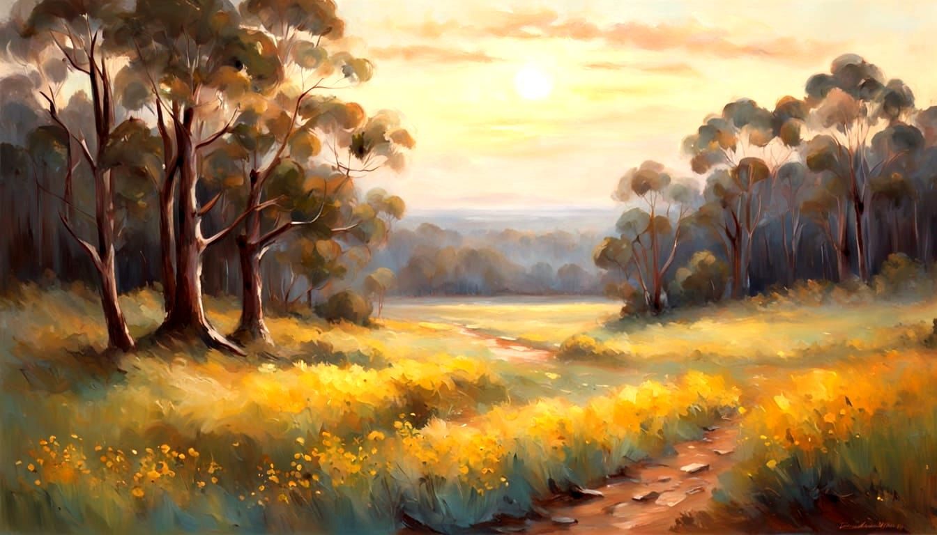 Australian Tonalist Landscape with Wildflowers and Wattle