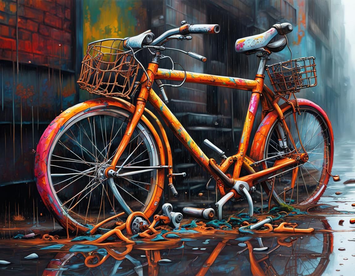 Graffiti Art of Broken Bicycles in the Rain