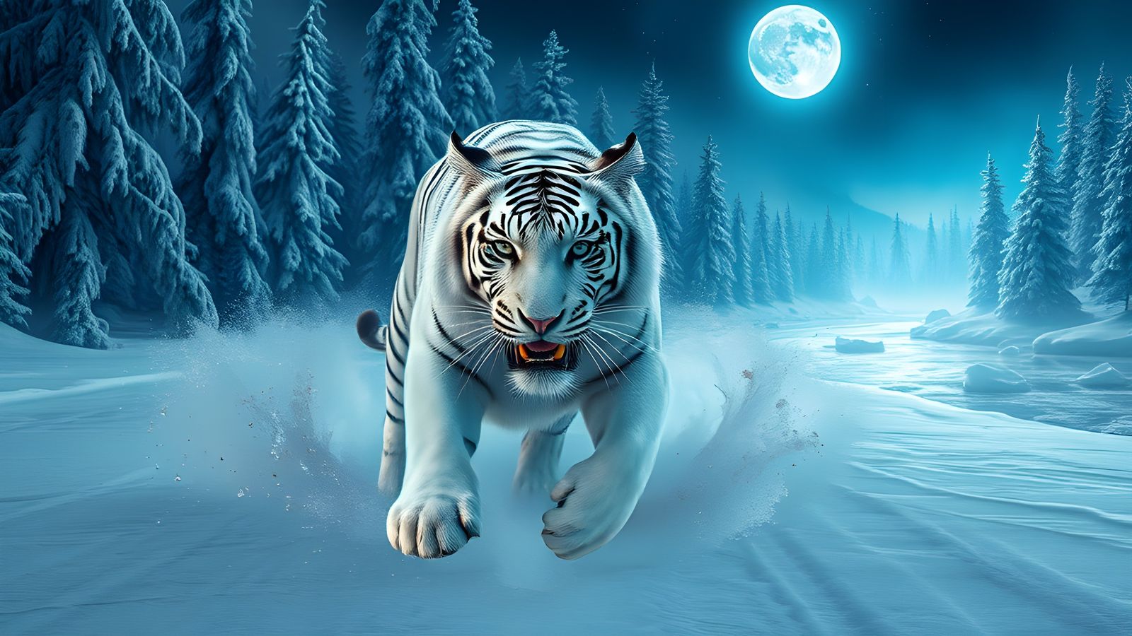 Icy White Tiger Charges Through Frozen Forest