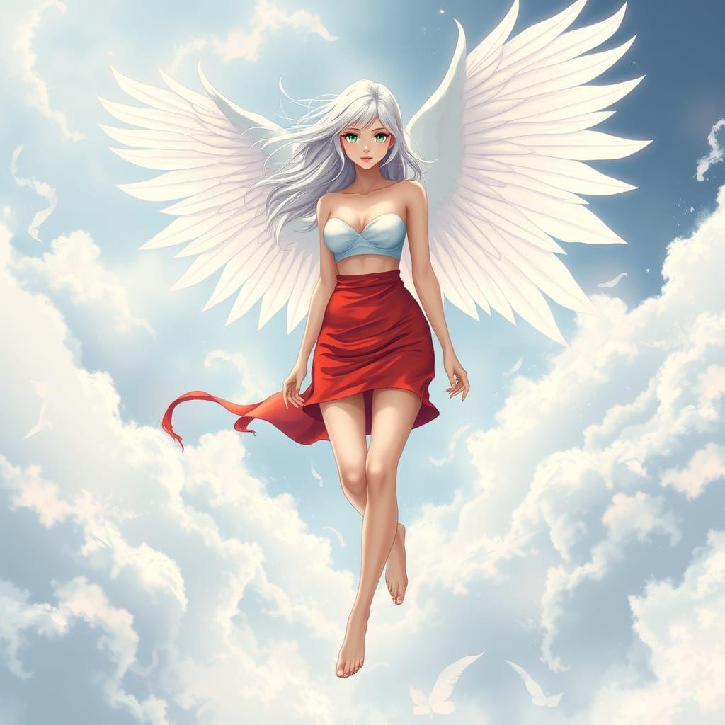 Celestial Beauty in Vibrant Red Mini Skirt with Majestic Whi...