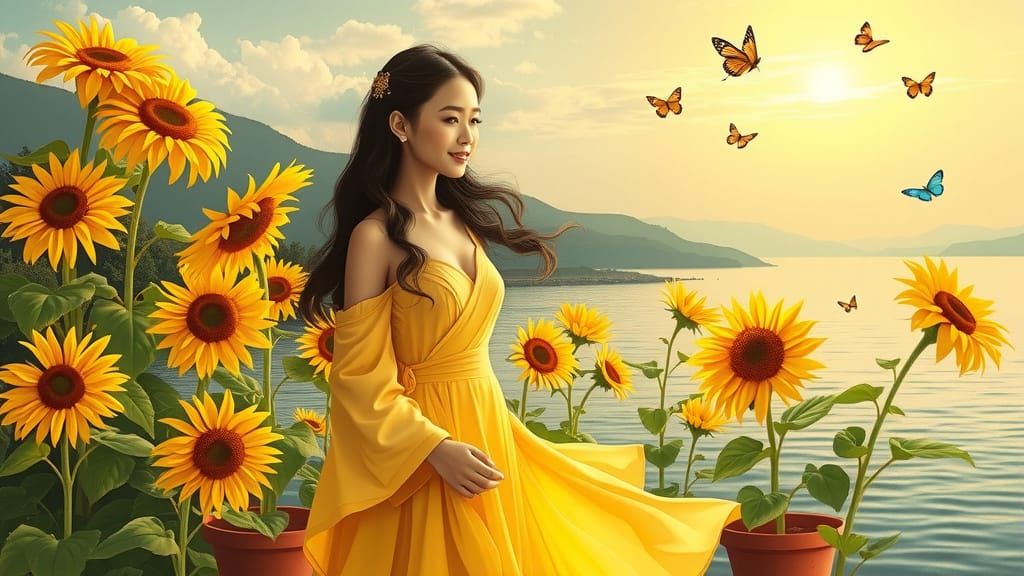 Elegant Asian Woman Surrounded by Vibrant Sunflowers and But...