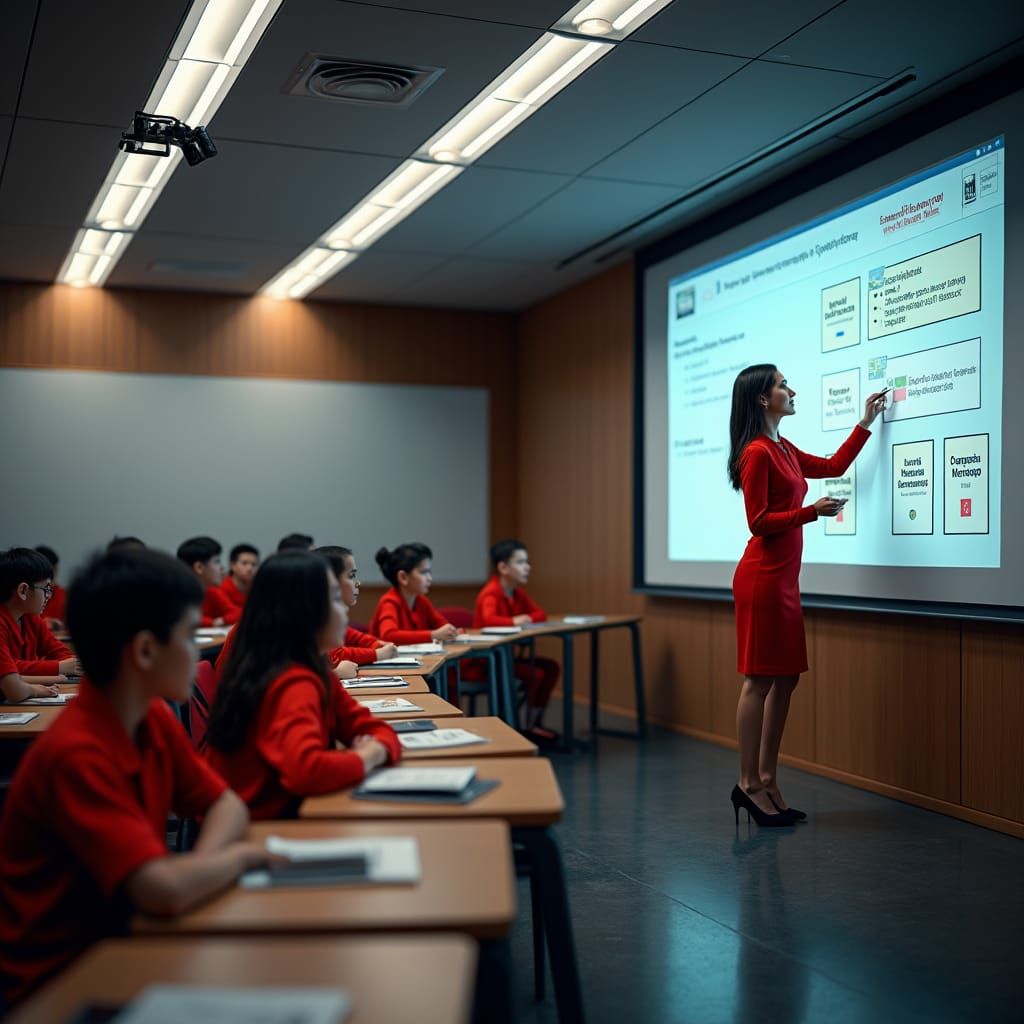 Teacher at Interactive Board, Hyperrealistic Classroom Scene