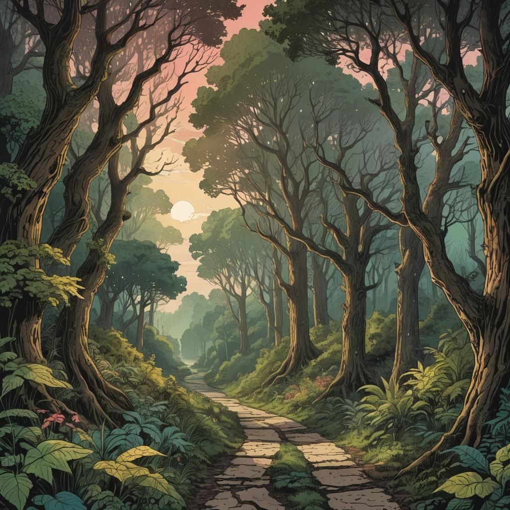 Lush Forest Path in Retro D&D Style