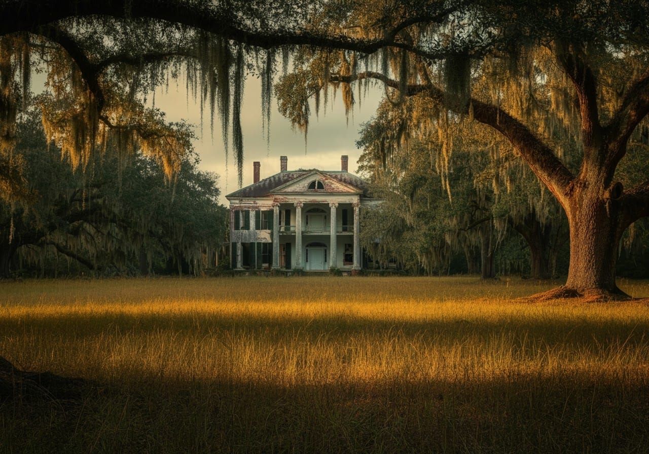 Majestic Ruined Southern Plantation in Golden Light