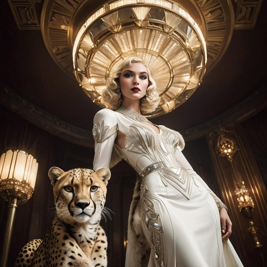 Stunning Model and Cheetah in Art Deco Interior
