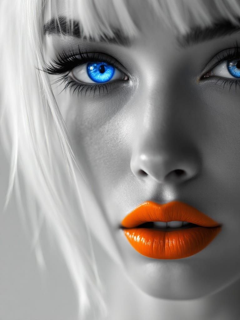 Monochrome Portrait with Vivid Blue Eyes and Tangerine Lips