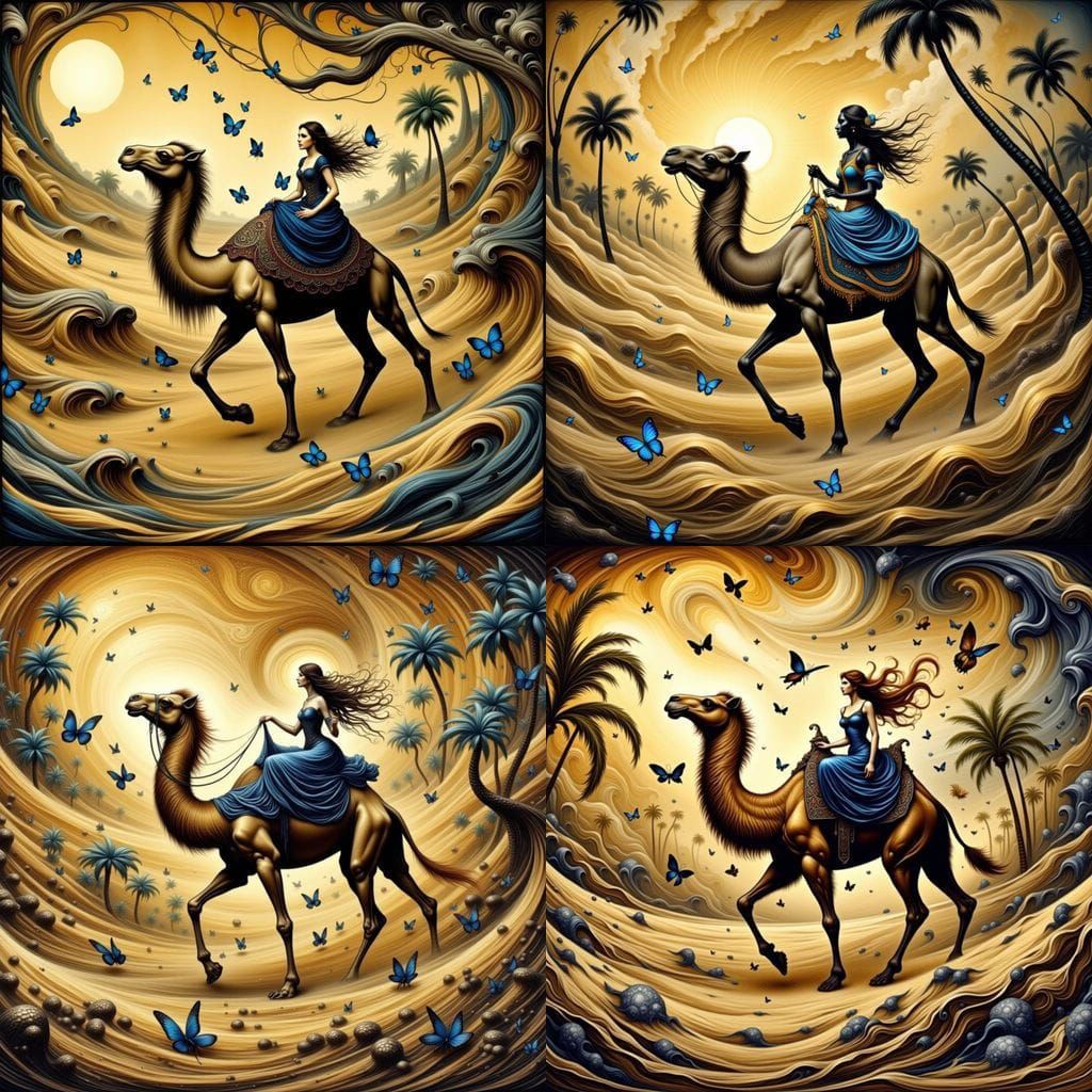 Whimsical Camel Oasis Scene in a Fantastical Art Style