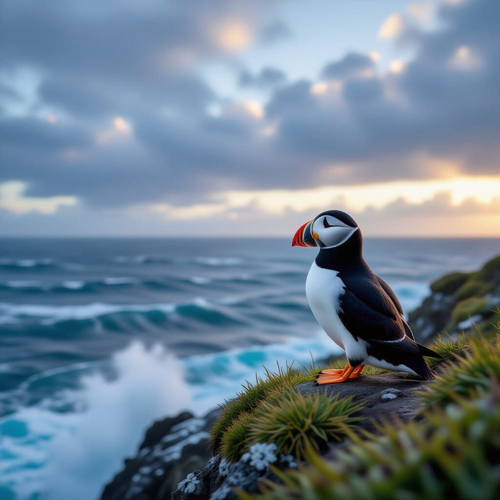 Puffin on Cliff Overlooking Turbulent Ocean in Golden Hour L...