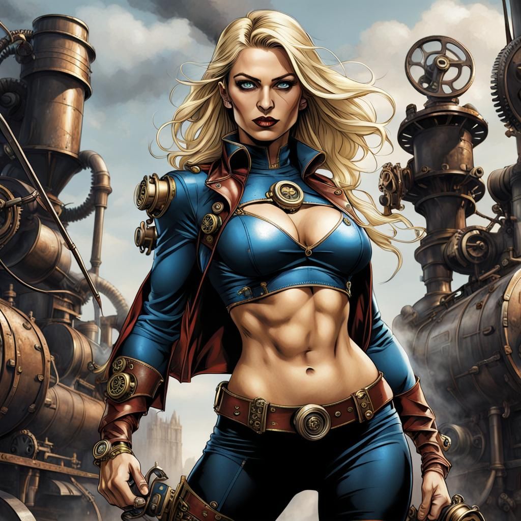 Blonde Superhero with Steampunk Engine