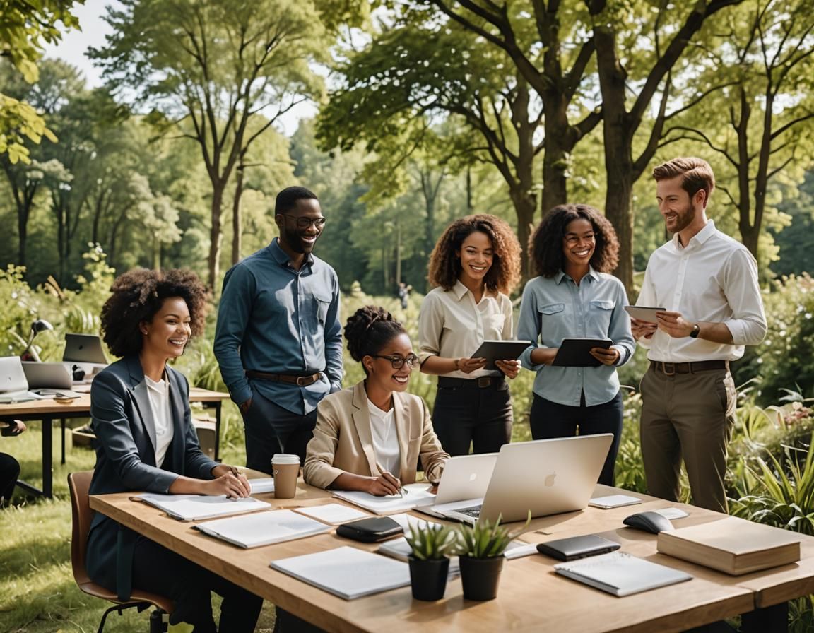 Diverse Team Collaborating in Open-Air Nature Office