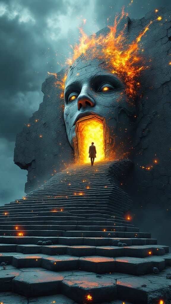 Surreal Digital Art of Man Walking Through a Human Head Port...