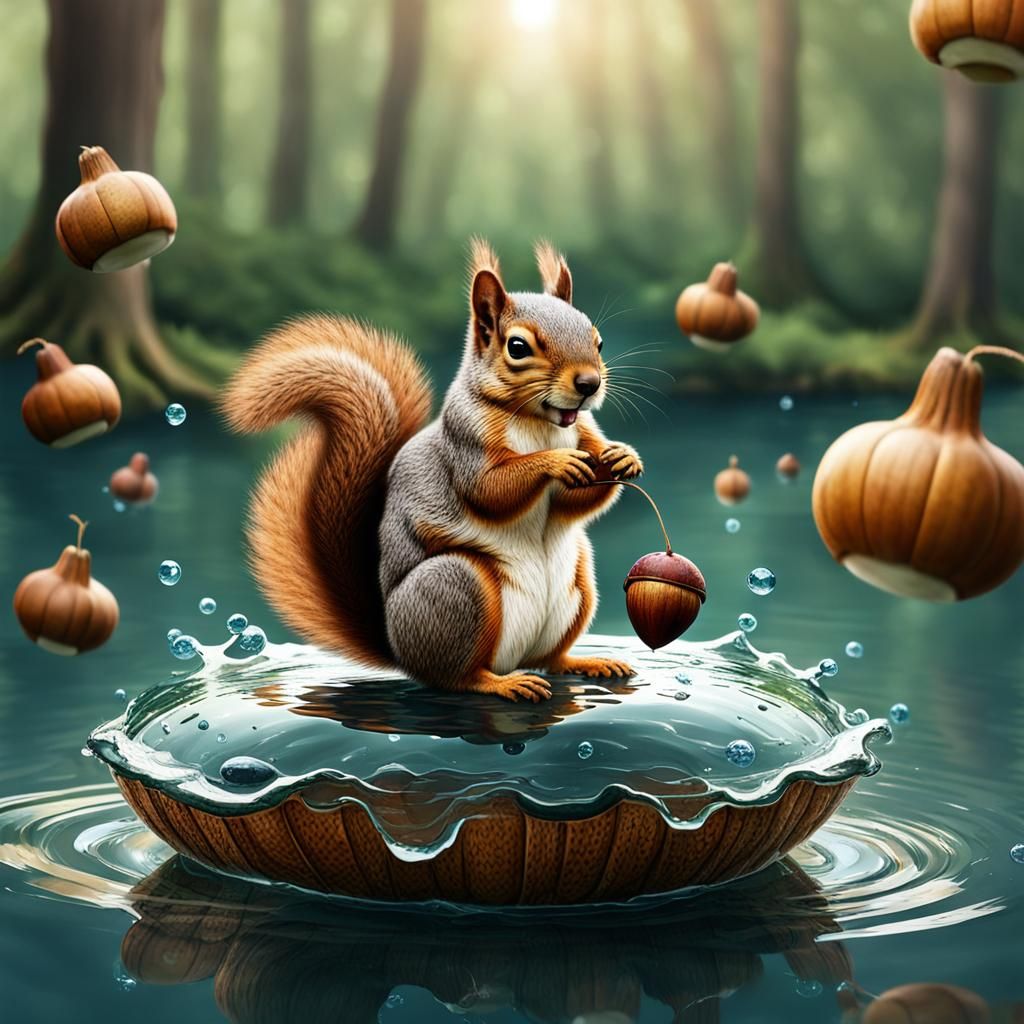 Squirrel Rides Acorn Boat on Water