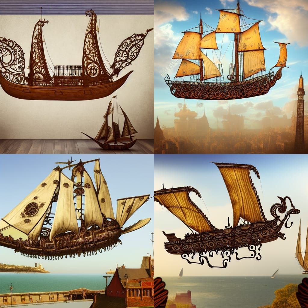 Flying Serpent-Ship Over Steampunk City