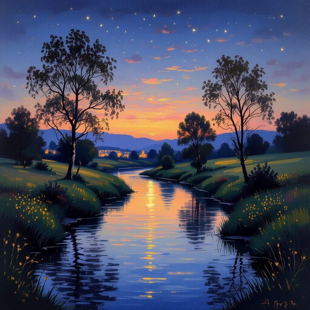 Serene River Valley at Dusk: Painterly Style