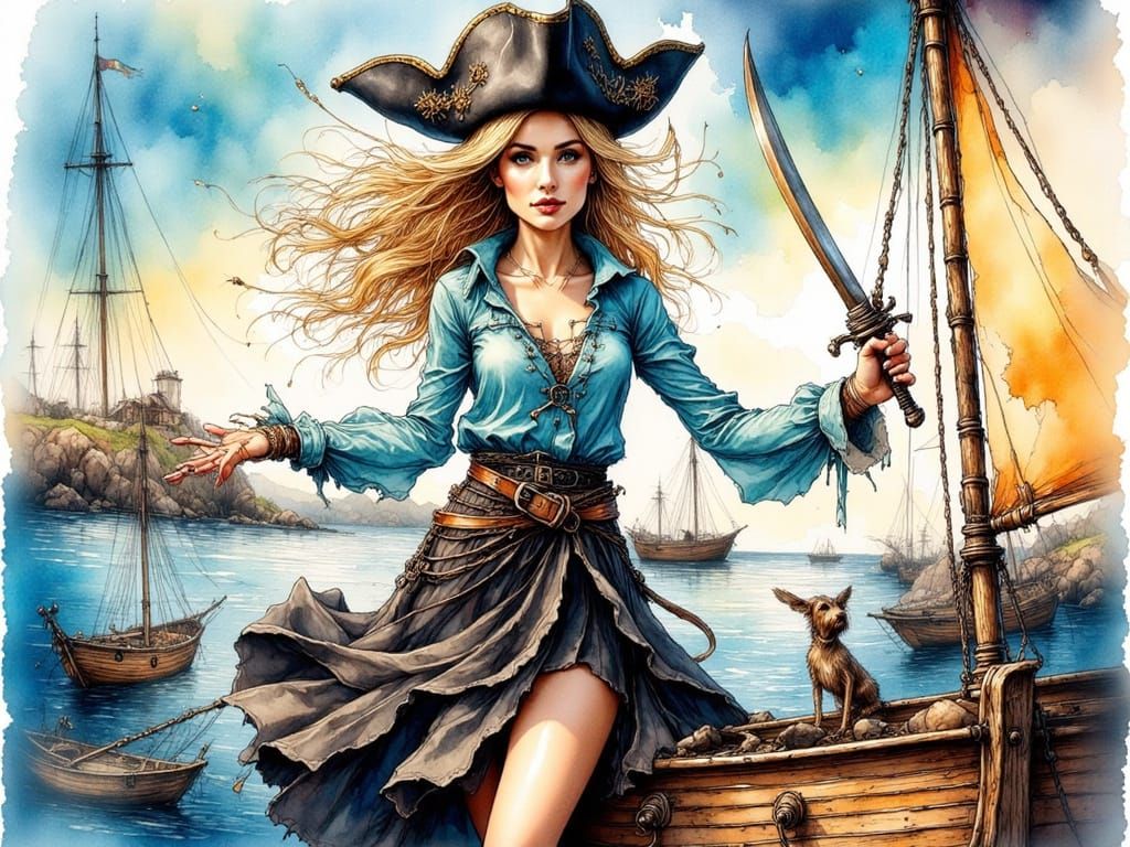 Whimsical Pirate Queen in Vivid Ink Style