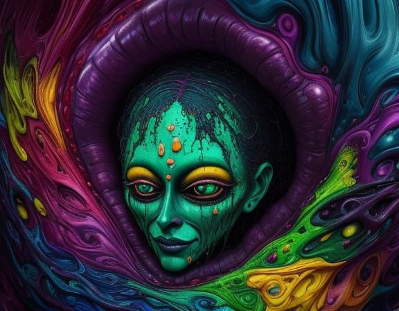 Creepy Surreal Figures Embrace in Unsettling Neon Scene