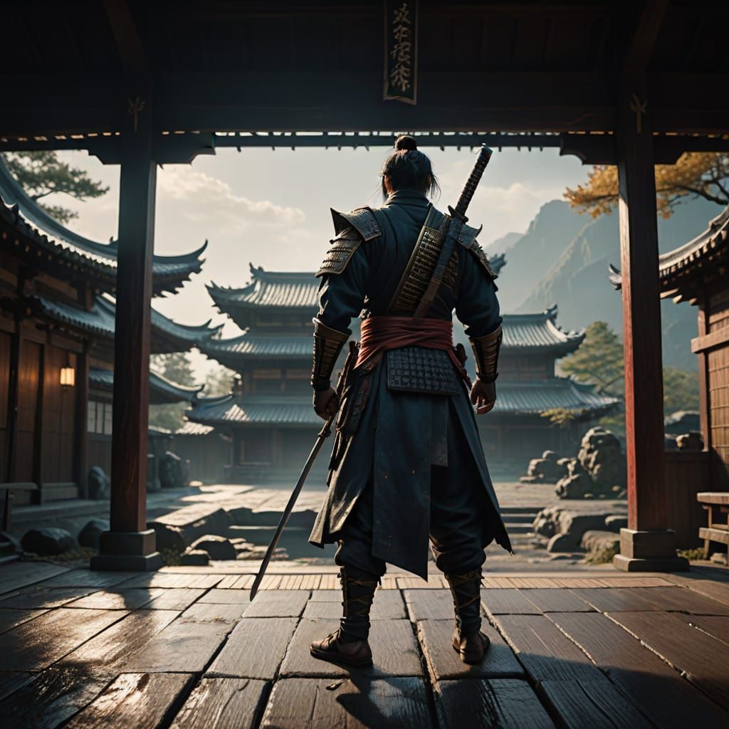 Warrior at Forgotten Dojo: Hyperrealistic Cinematic Photogra...