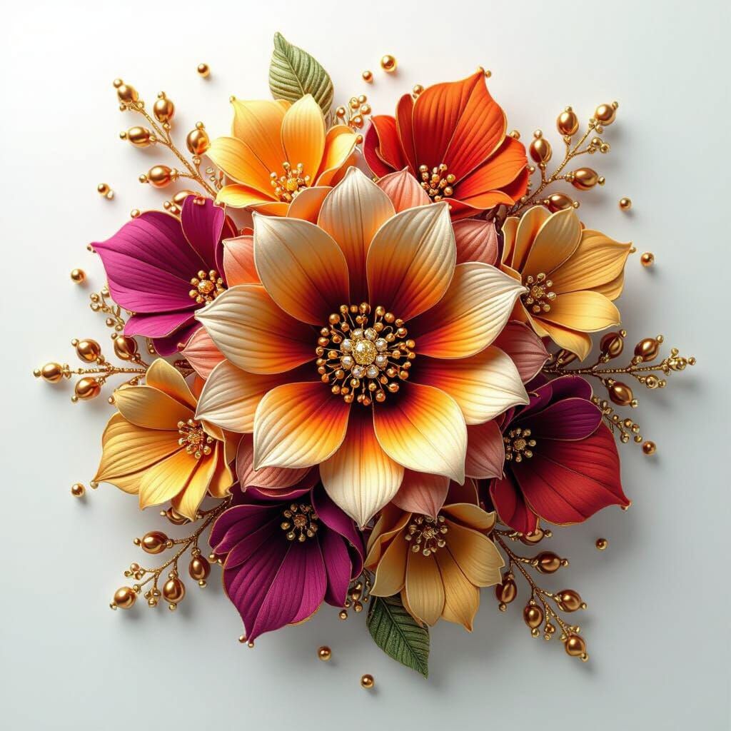 Autumn Flower Cluster with Gold Bead Embroidery Effect