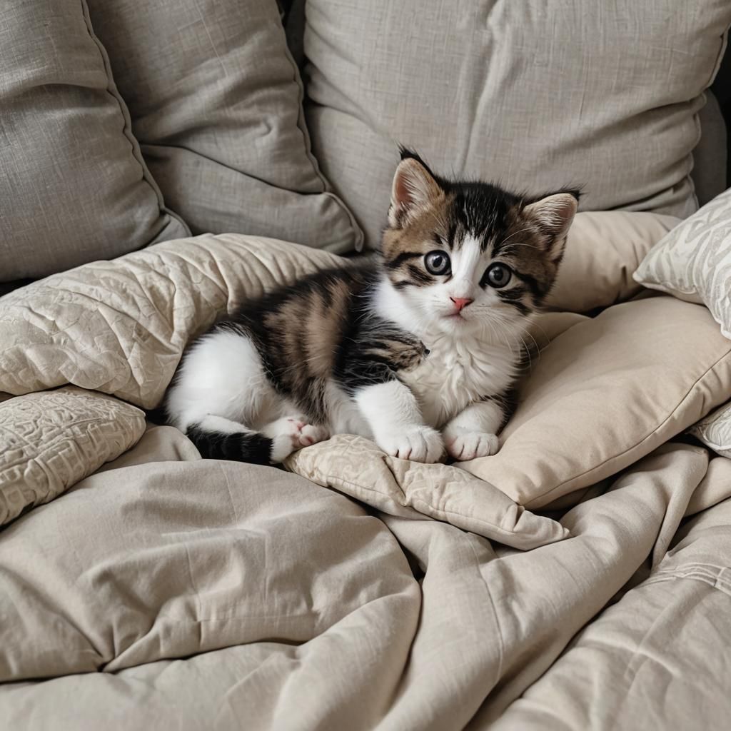 Cute Kitten Relaxing Among Soft Cushions