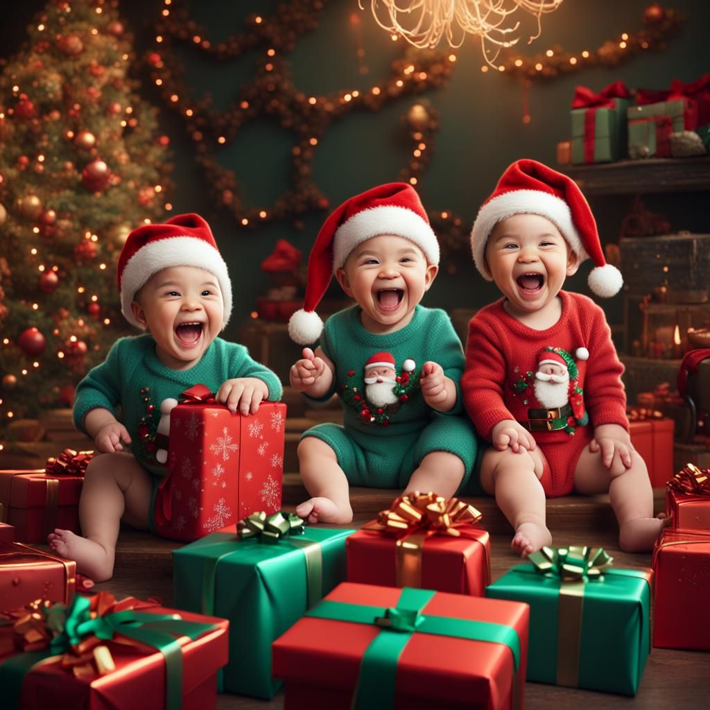 Triplet Babies' Joyful Christmas: Detailed Fantasy Art