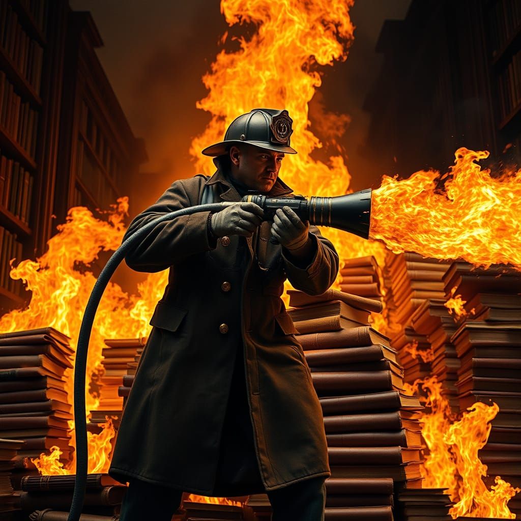 Brooding Fireman Flames Books in Dystopian Setting