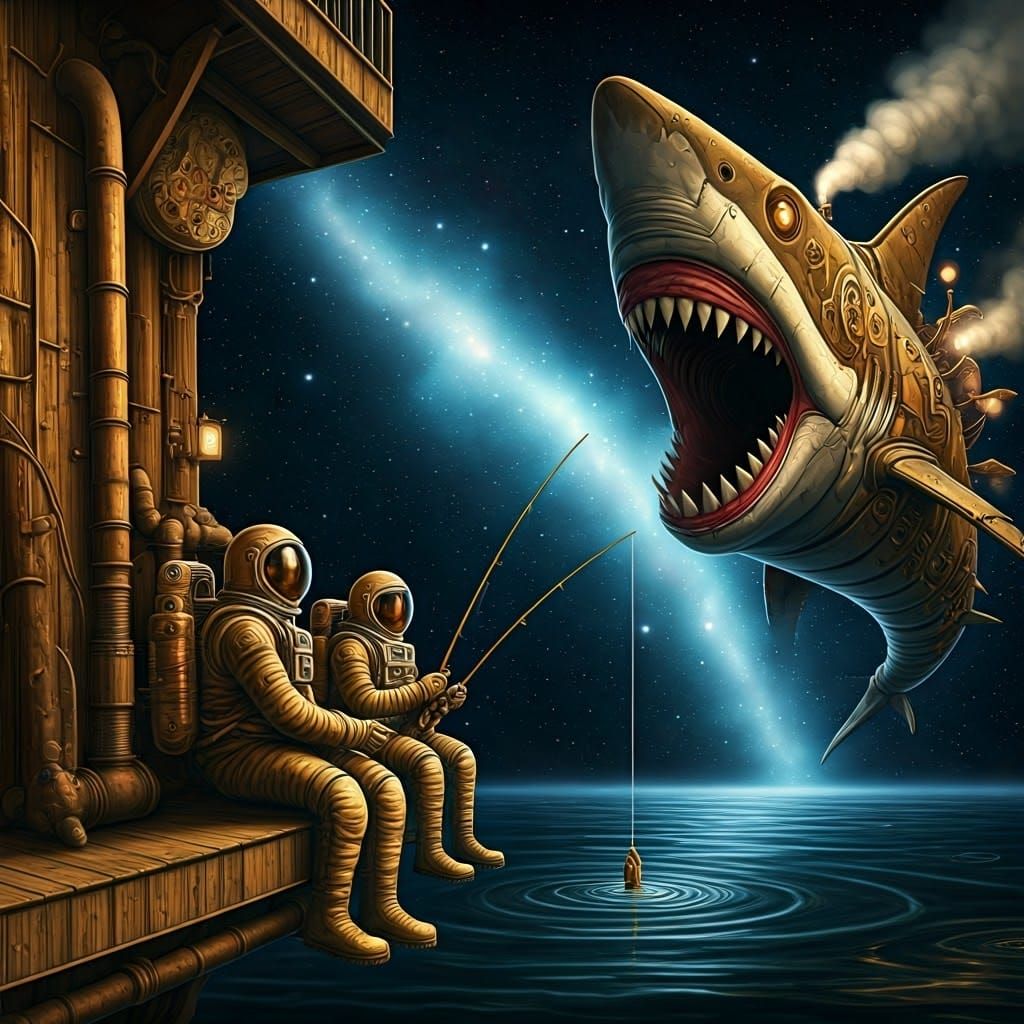 Astronauts Fishing: Steampunk Space Shark Encounter