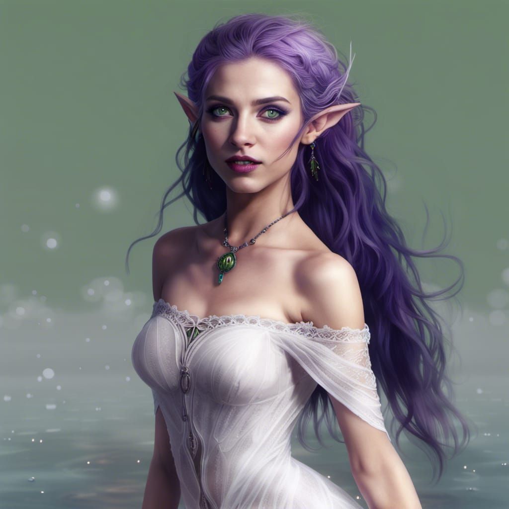 Purple Haired Elf in White Dress, Fantasy Art