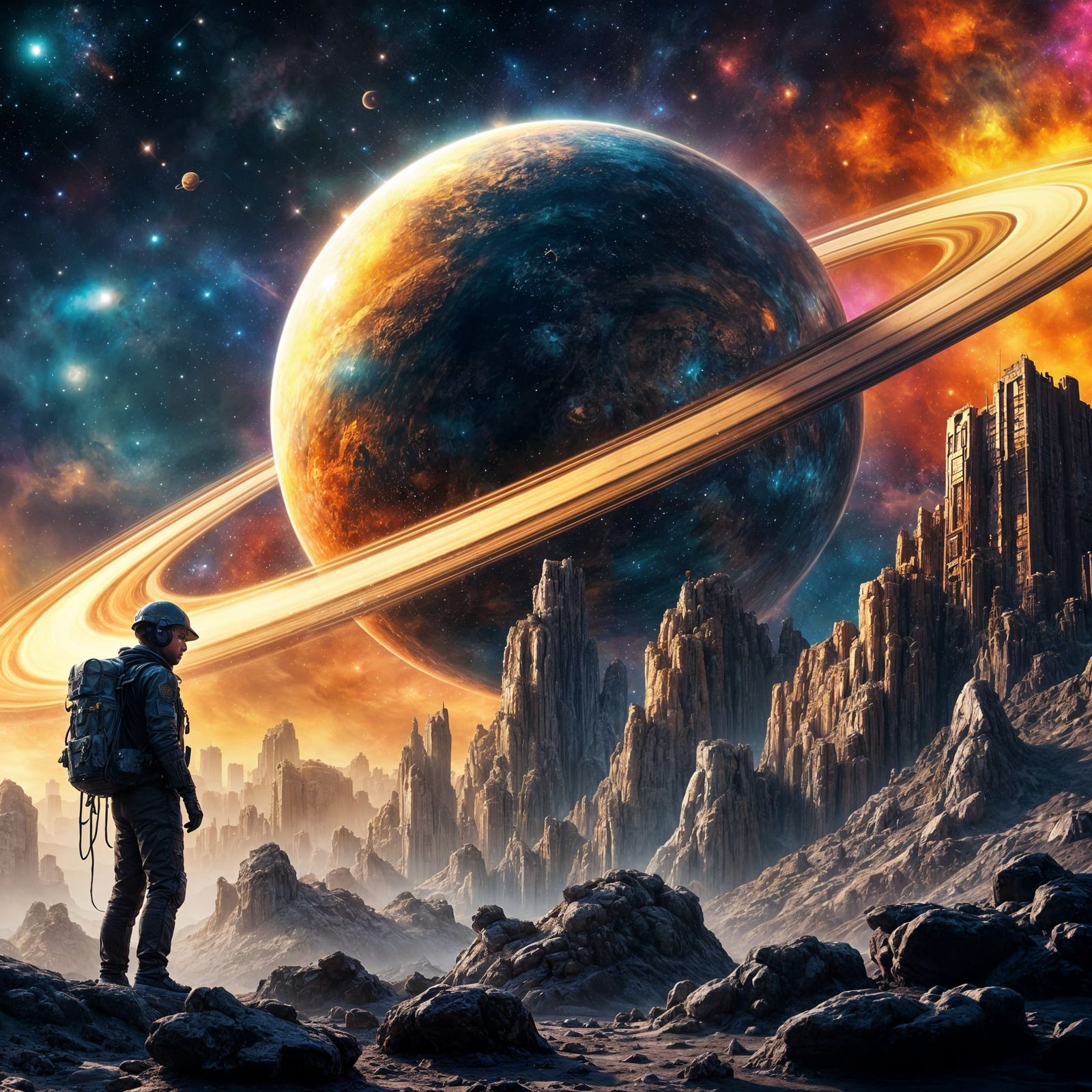 Miner on Titan Gazing at Saturn in Graffiti Art