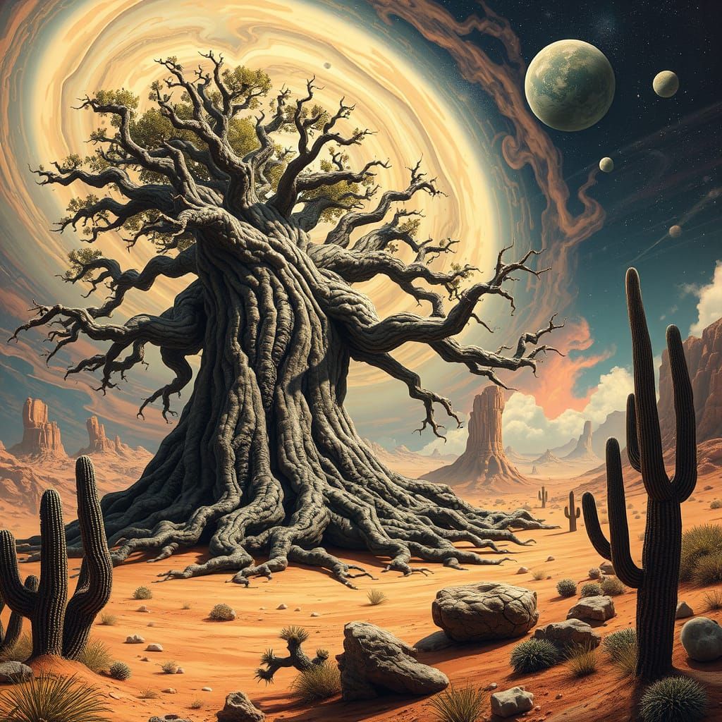 Majestic Tree Dominates Futuristic Desert Landscape