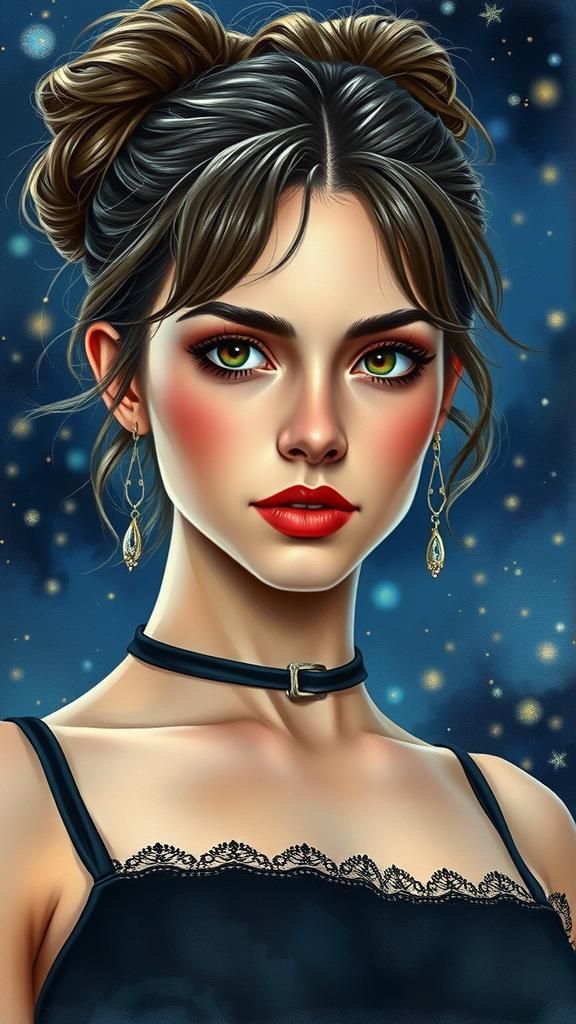 Hazel-Eyed Woman in Ethereal Watercolor Nightscape