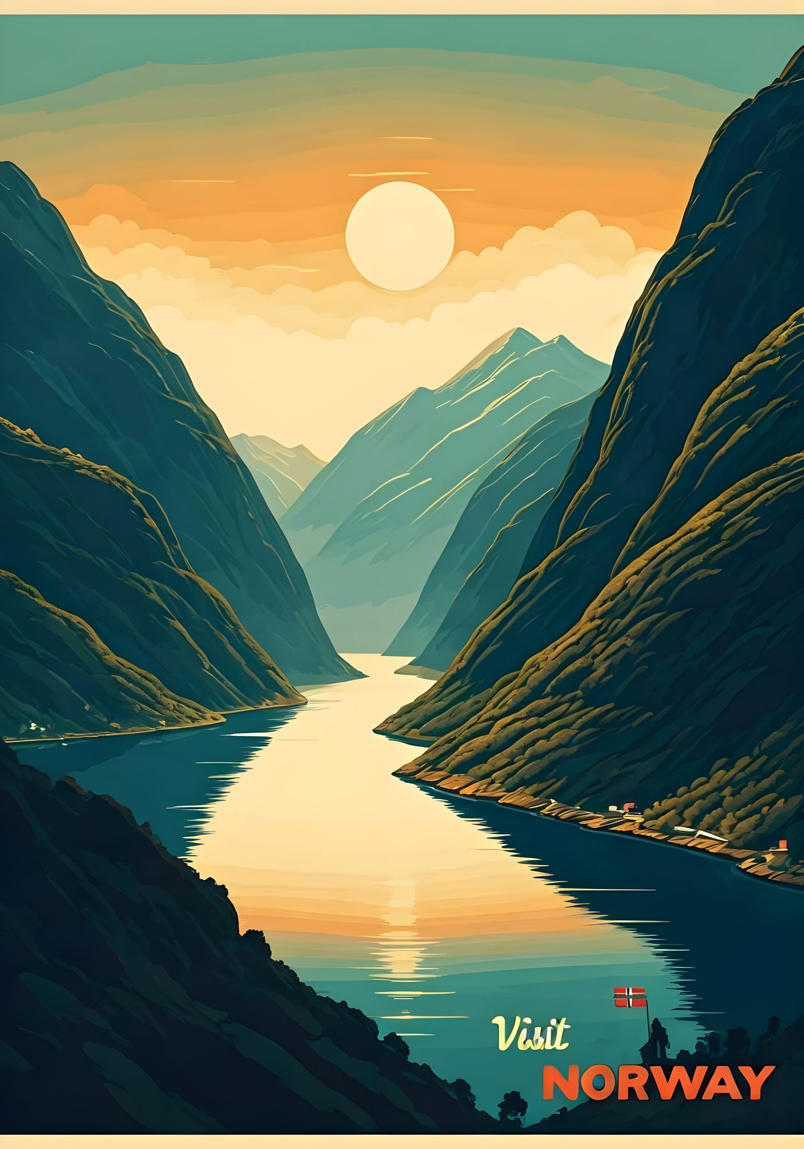Minimalist Vintage Travel Poster of Norwegian Fjord