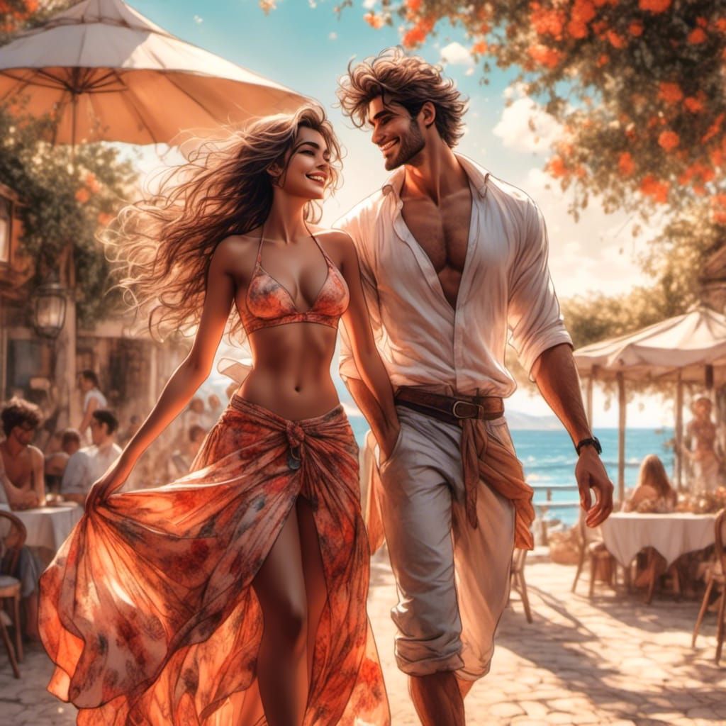 Happy Couple Portrait in Anime Color Sketch Style