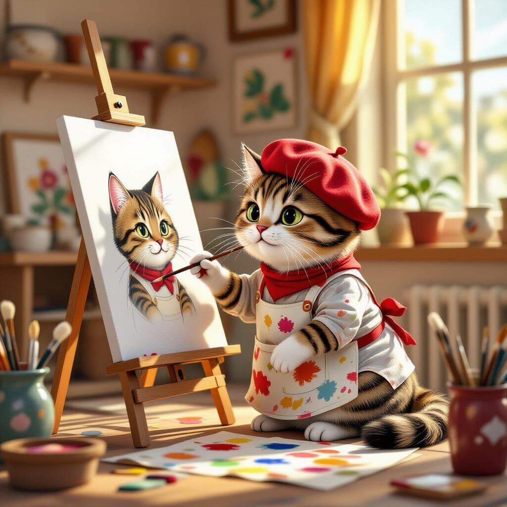 Charming Cat Artist Sketches Self-Portrait in Cozy Studio
