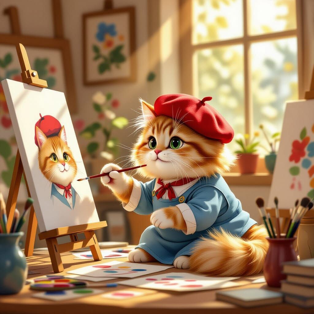 Fluffy Cat Artist Sketching Portrait in Sunlit Studio