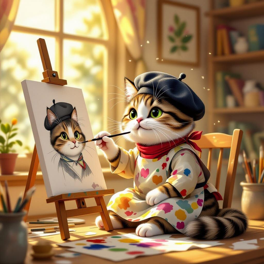 Whimsical Cat Artist Sketching Self-Portrait in Sunlit Studi...