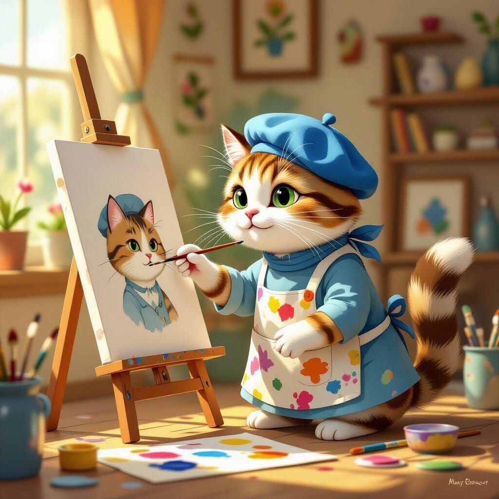Whimsical Cat Artist Sketching Portrait in Sunlit Studio
