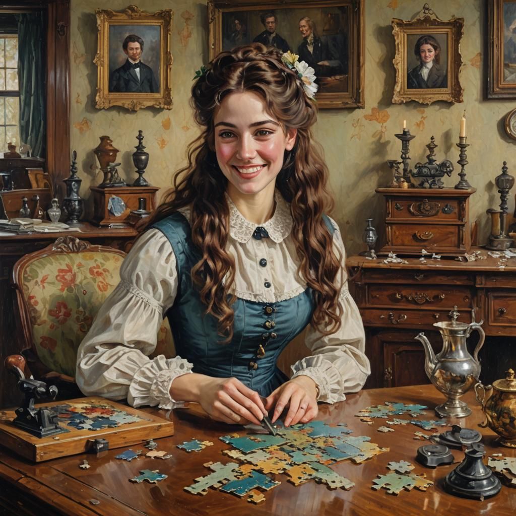 Smiling Woman with Jigsaw Puzzle, Victorian Oil Painting