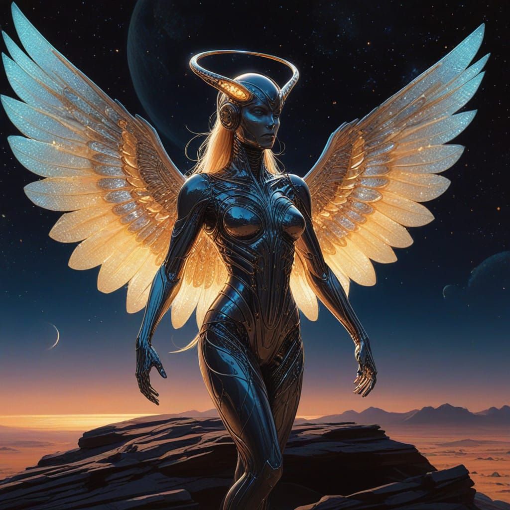 A utopic mythical creature With bright wings and big blue eyes that flies to a perfect world in the universe