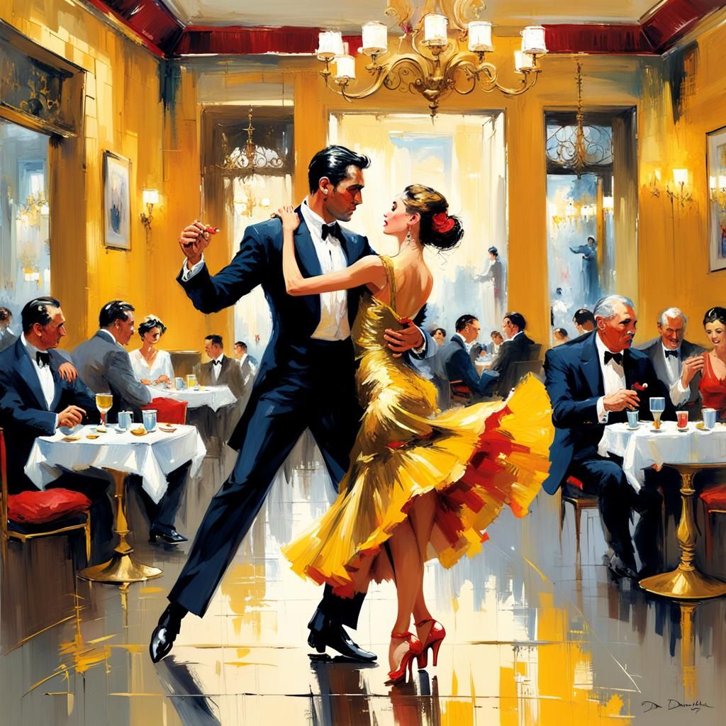 Carefree Tango Dancers in Cafe, Matte Painting