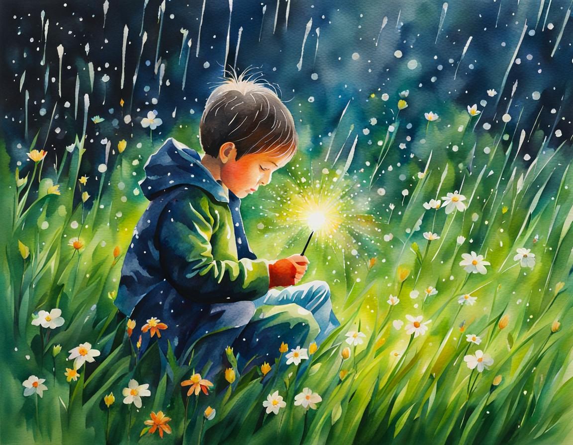 Watercolor Rain Scene with Flowers and Detailed Portrait