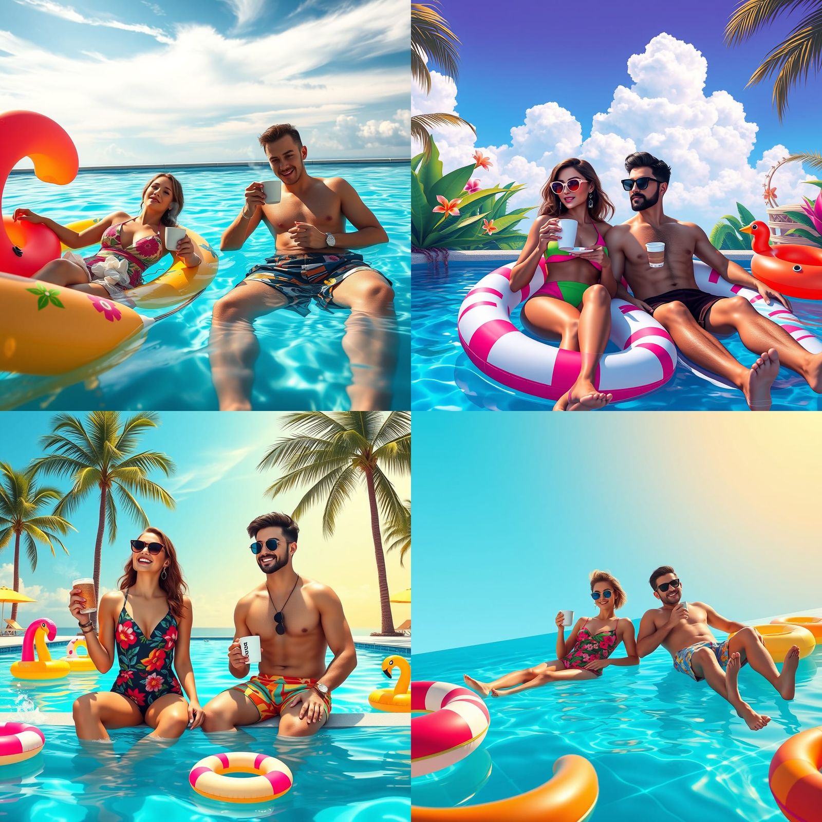 Couple Relaxing in Pool with Coffee, Fantasy Art