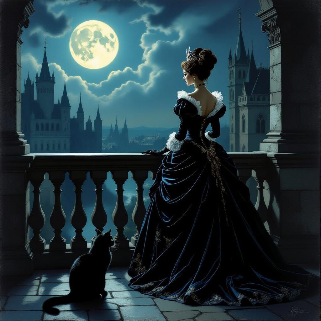 Regal Queen on Castle Balcony with Black Cat, Baroque Style